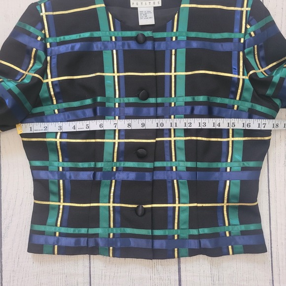 Talbots Womens 6P Evening Jacket Black Green Blue Ribbon Plaid Metallic Gold - Picture 4 of 7